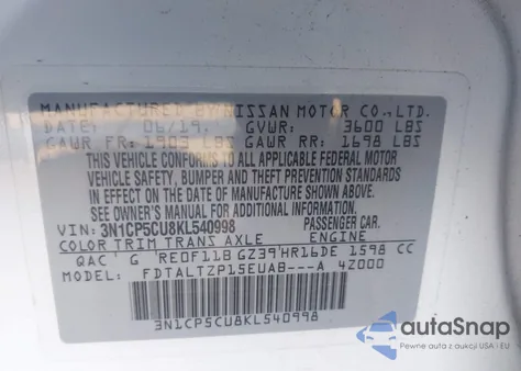 2019 Nissan Kicks Sr из США, поврежденный, VIN 3N1CP5CU8KL540998